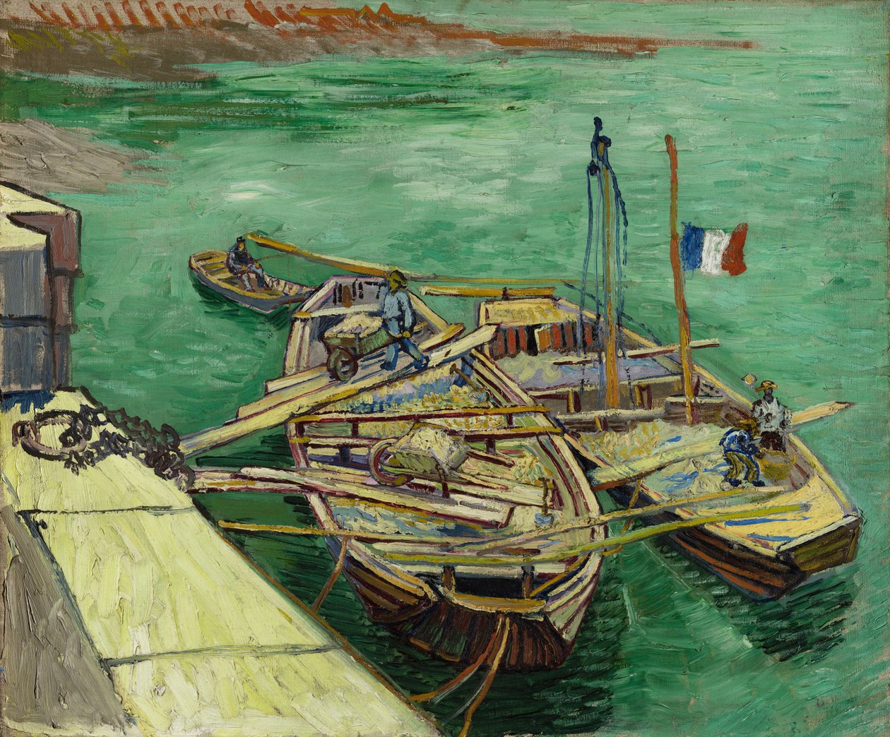 Muelle con hombres descargando barcazas de arena de Vincent van Gogh
