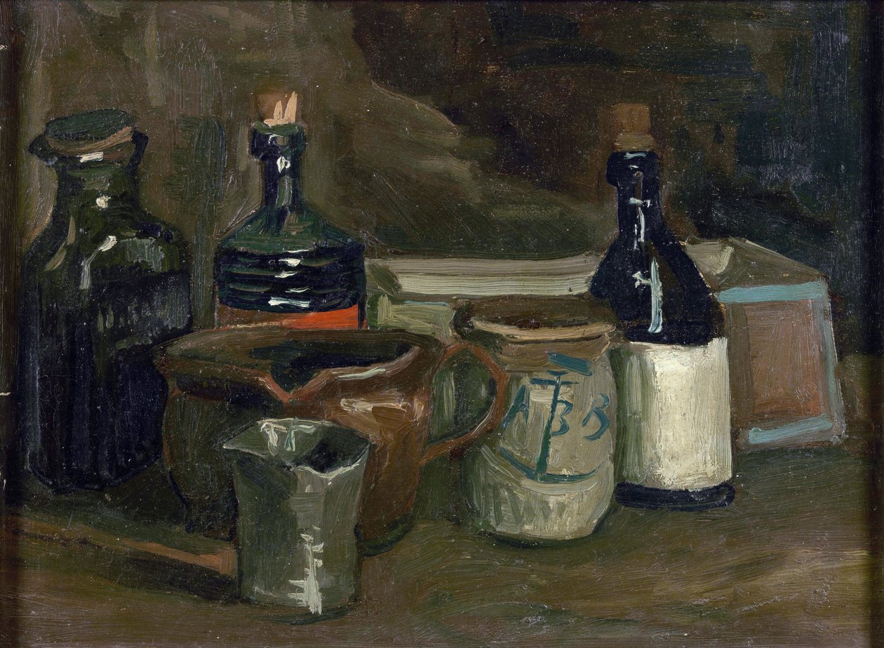 Naturaleza muerta con botellas y cerámica de Vincent van Gogh