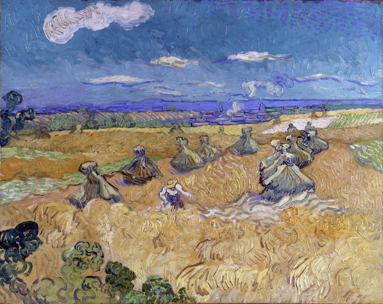 Pilas de trigo con segadora de Vincent van Gogh