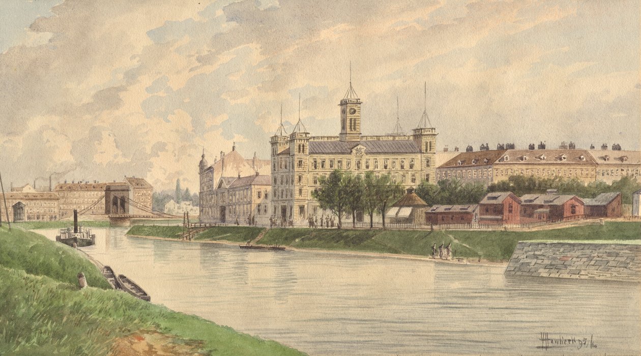El Weissgärber Lände en Viena con el edificio del barco de vapor Danube de Vincenz Havlicek