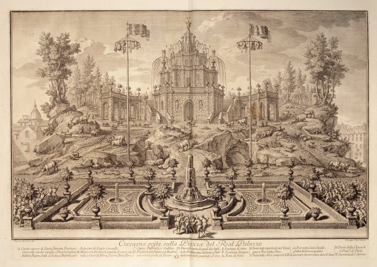 La Cuccagna, de Narrazione delle Solemni Reali Feste, grabado por Giuseppe Vasi (1710-82), publicado en 1749 de Vincenzo dal Re
