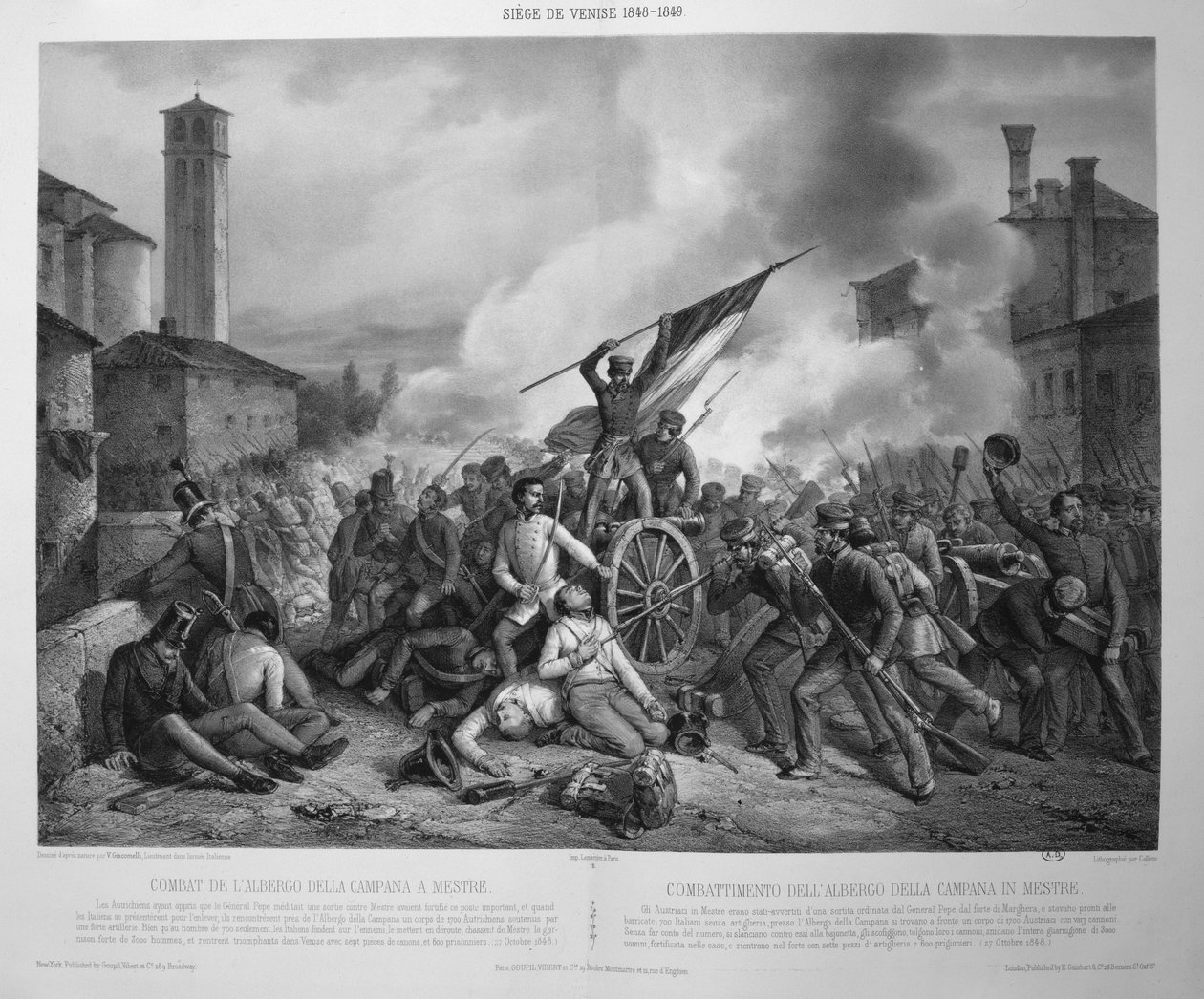 La batalla de Albergo della Campana en Mestre el 27 de octubre de 1848 durante el asedio de Venecia en 1848-9 (litografía) de Vincenzo (after) Giacomelli