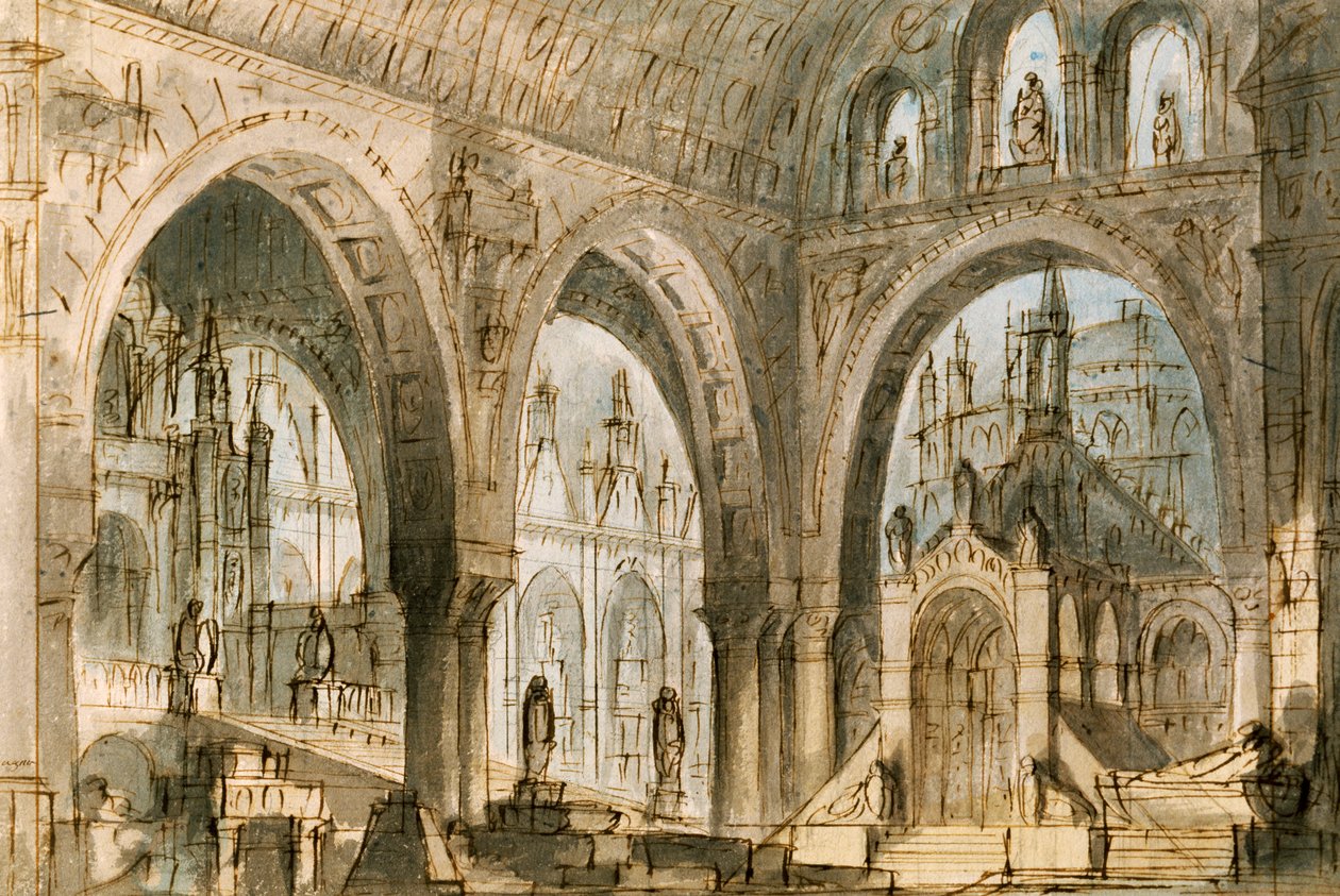 Escenografía de Francesco Bagnara para la cuarta escena de Capuleti y Montecchi, ópera de Vincenzo Bellini (1801-1835), representada en el Teatro La Fenice de Venecia. de Vincenzo Bellini