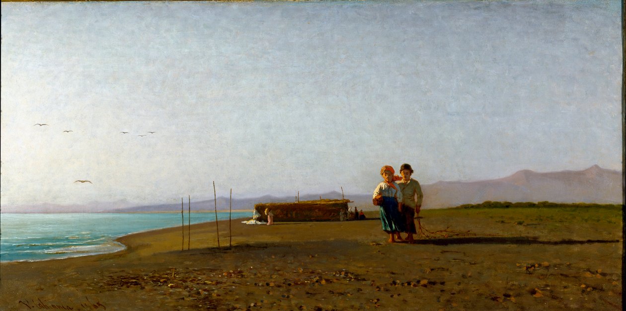 Vista de la playa en Viareggio con el sol de la mañana en la costa toscana, dos siluetas de niños. de Vincenzo Cabianca