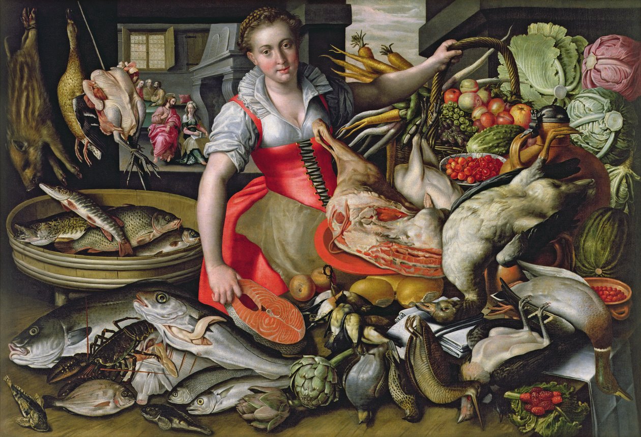Marta preparando la comida para Jesús o Jesús en la casa de Marta y María de Vincenzo Campi