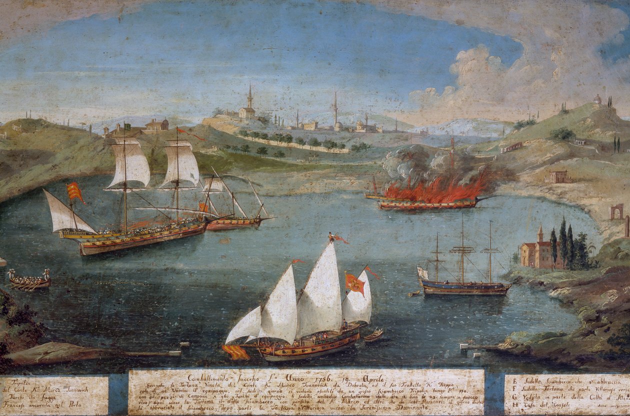 Batalla naval entre barcos venecianos de Marco Ivanovich Dobrota y barcos turcos, 19 de abril. de Vincenzo Chilone