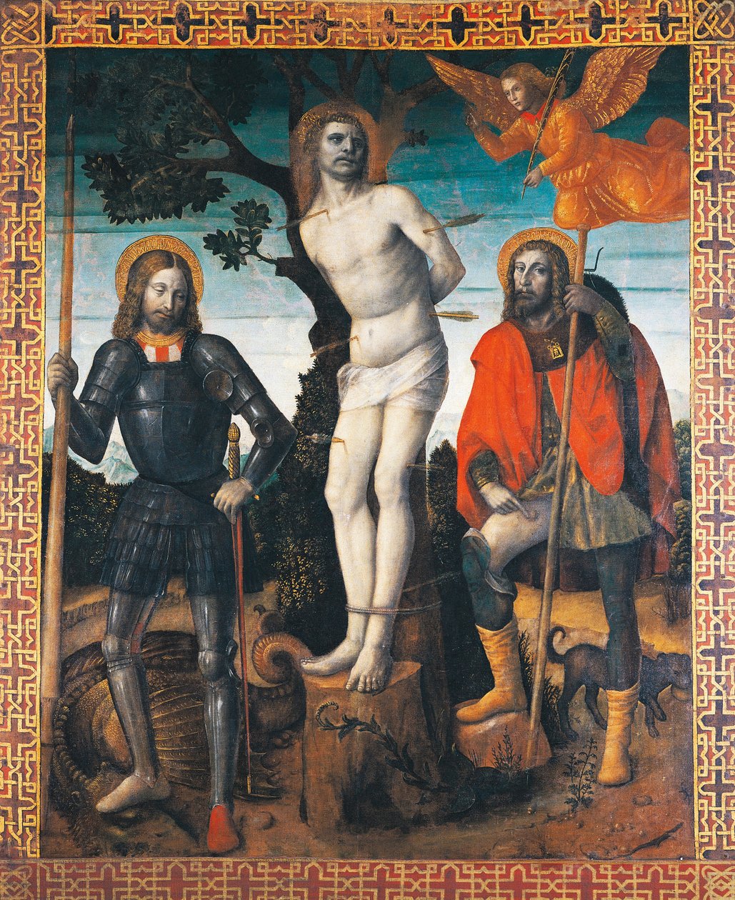 San Sebastián, San Roque y San Jorge (reverso del estandarte procesional de Orzinuovi) de Vincenzo Foppa