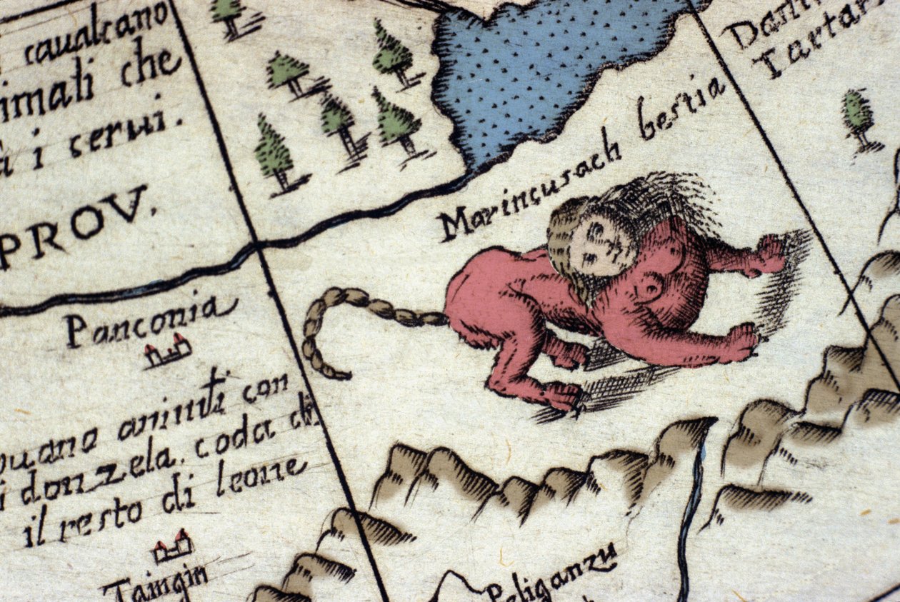 Representación de un mantícora, una criatura fantástica con cabeza humana (a menudo con cuernos, ojos azules y tres filas de dientes), y cola de escorpión o dragón y cuerpo de león. Detalle de un mapa mundial por Vincenzo Coronelli (1650-1718). Siglo XVII de Vincenzo Maria Coronelli