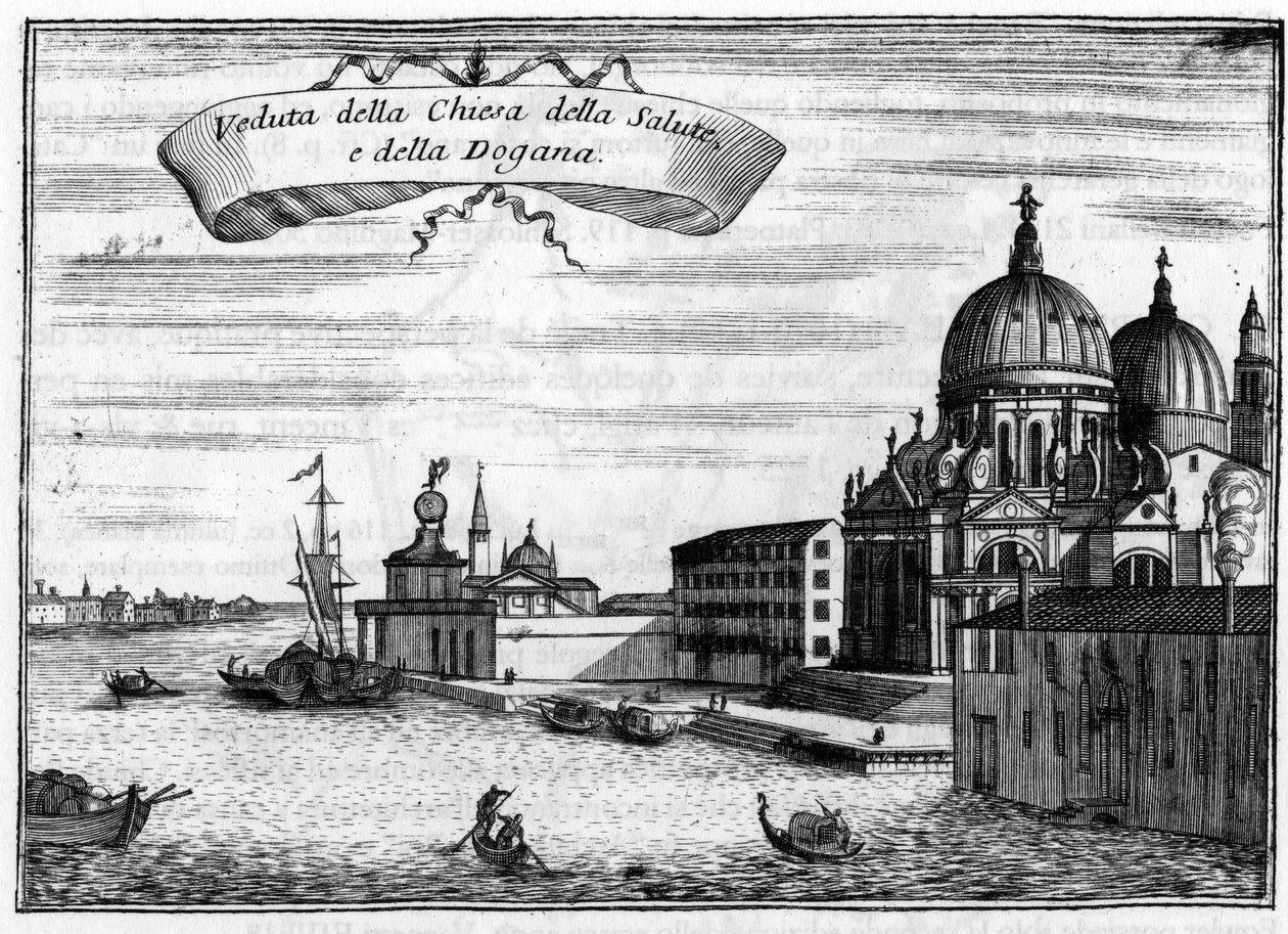 Venecia, Italia. La Iglesia de Santa Maria della Salute, diseñada por el arquitecto Baldassare Longhena, y la Aduana Marítima. En “Singularidades de Venecia” por Vincenzo Coronelli (1650-1718). de Vincenzo Maria Coronelli