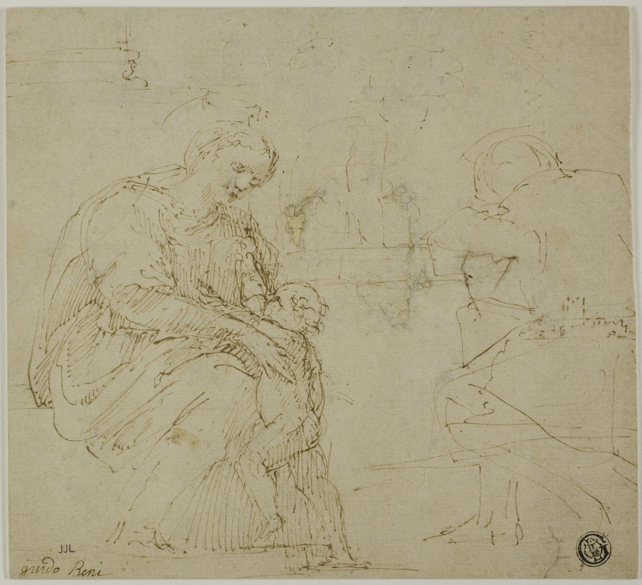 Bocetos de la Virgen y el Niño, figura sentada y paisaje de Vincenzo Tamagni