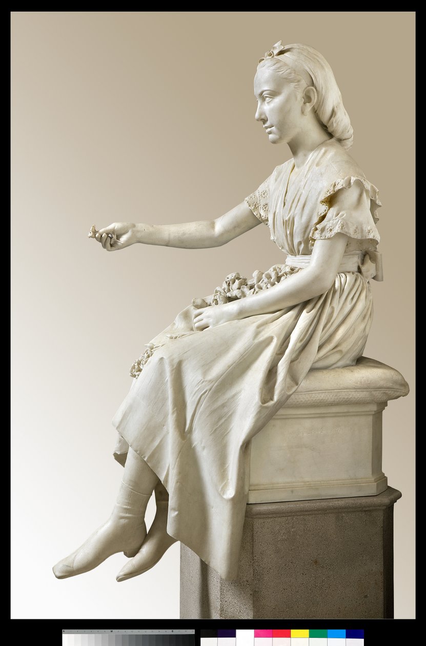 Retrato de la Marquesa Virginia Busti Porro como una niña o joven dama ofreciendo una flor de Vincenzo Vela