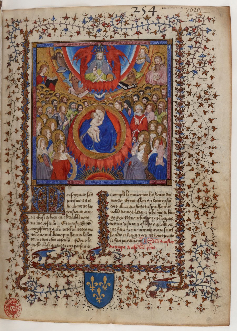 Frontispicio de un manuscrito de la Leyenda Dorada: La Virgen y el Niño rodeados por la Corte Celestial, recibiendo la bendición de Dios Padre. de Virgil Master