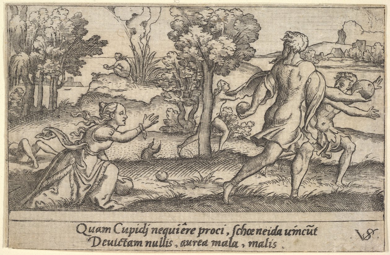 Atalanta e Hipómenes, en primer plano Atalanta arrodillada para recoger una manzana, ca. 1535-62 de Virgil Solis