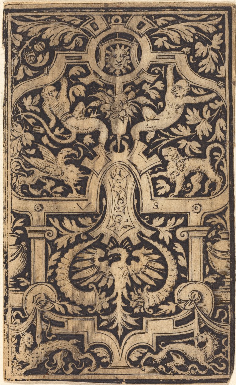 Ornamento de follaje y correas en fondo oscuro con monos y otros animales de Virgil Solis