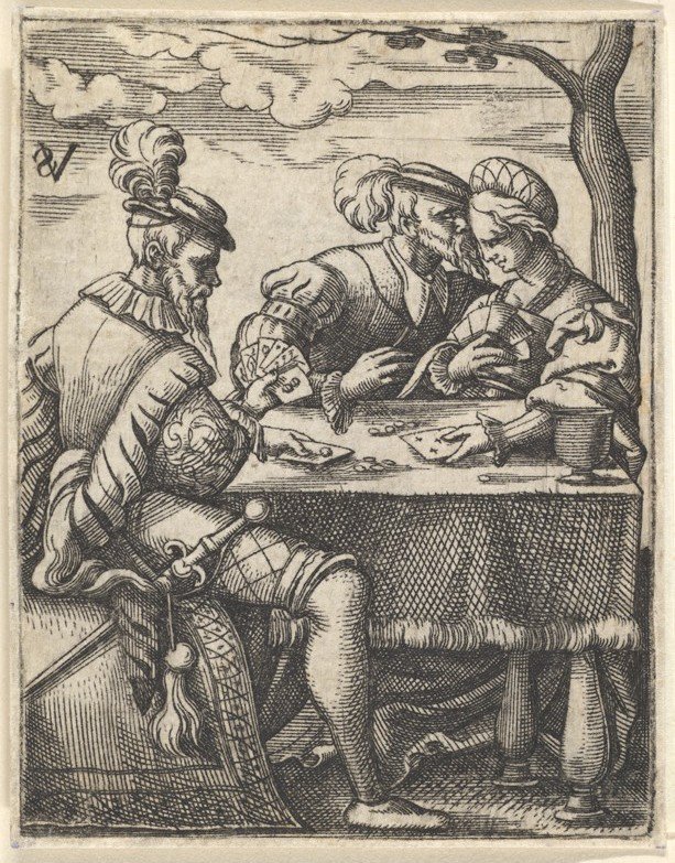 Dos hombres y una mujer jugando a las cartas en una mesa, un hombre presionando su nariz hacia..., ca. 1535-62 de Virgil Solis