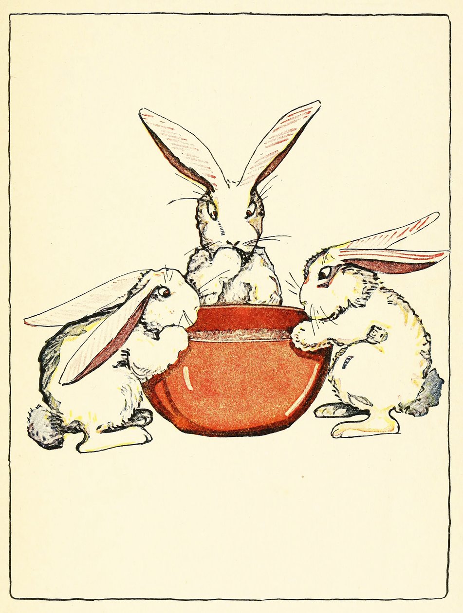 Flopsy, Mopsy y Cotton-Tail cenaron pan con leche y moras, de The Tale of Peter Rabbit, pub. 1916 (litografía en color) de Virginia Albert