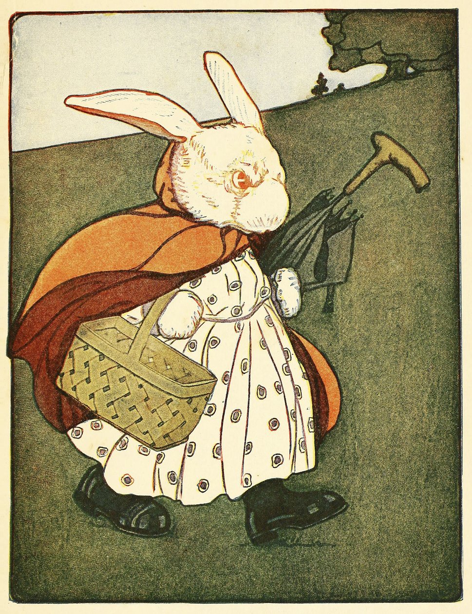 Entonces la vieja Sra. Conejo .atravesó el bosque hasta llegar a la panadería, de El cuento de Pedro Conejo, pub. 1916 (litografía en color) de Virginia Albert