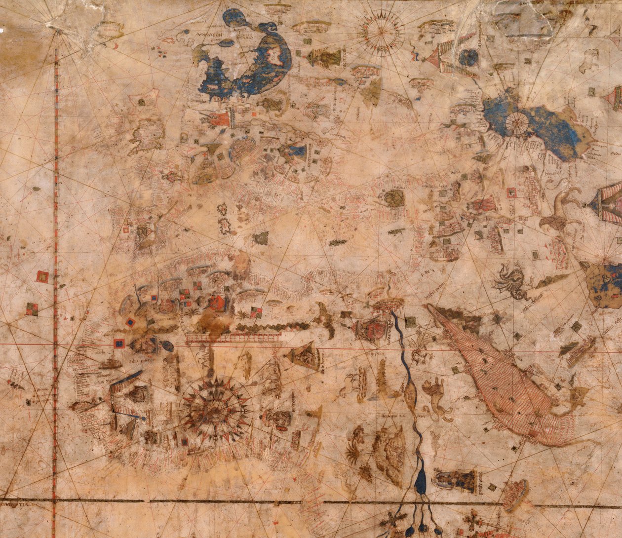 Mapa mundial, desde las costas orientales de América hasta la India de Visconte Maggiolo