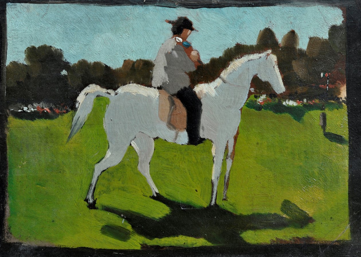 Caballo blanco con jinete (óleo sobre papel sobre tabla) de Vito d