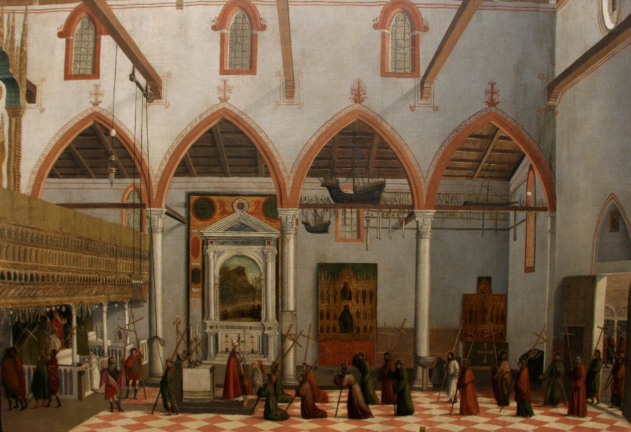 Visión del prior Ottobon con la aparición de los crucifijos del Monte Ararat en la iglesia de San Antonio de Castello de Vittore Carpaccio