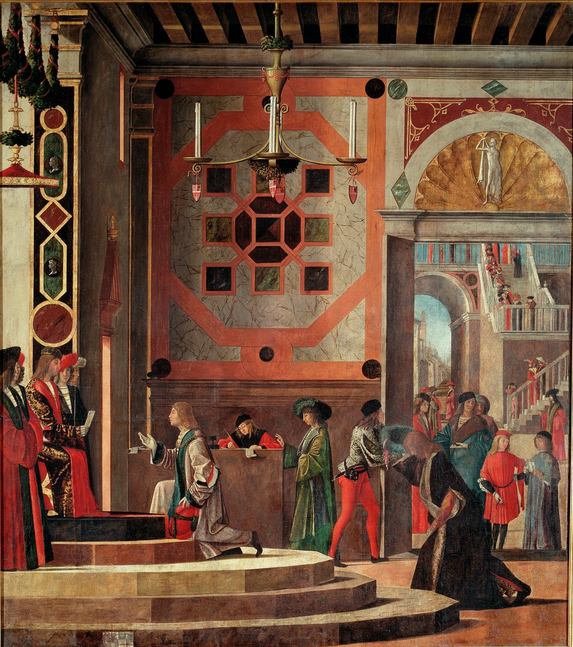 Ciclo de la vida de Santa Úrsula, segunda tabla: Despedida de los embajadores de Vittore Carpaccio