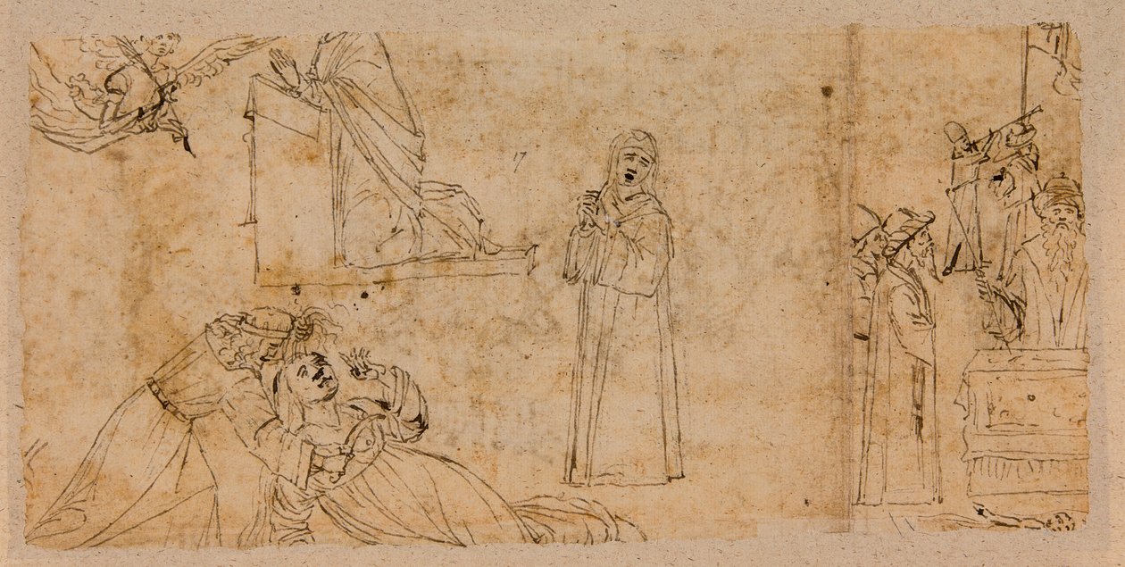 Estudios para una anunciación; para el Martirio de Santa Águeda; para una Madonna en duelo (pluma y tinta sobre tiza en papel) (verso de 5933930) de Vittore Carpaccio