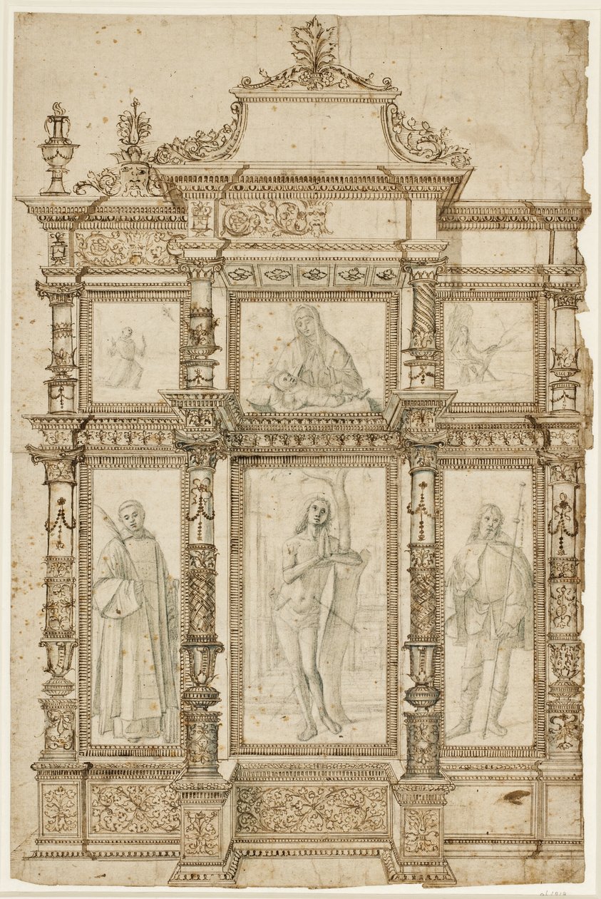 Estudio para un retablo con seis imágenes en una estructura ornamentada de marcos. Arriba: La estigmatización de San Francisco, Madonna y Niño, San Jerónimo en el desierto; abajo: San Lorenzo, San Sebastián y San Roque de Vittore Carpaccio