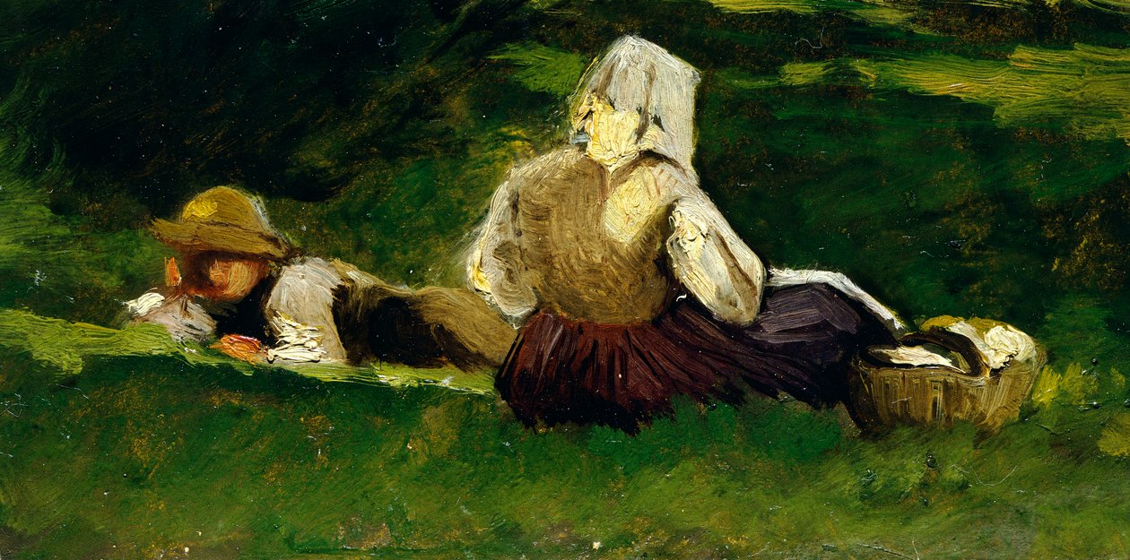 Mujer sentada y niño tumbado en la hierba, de Vittorio Avondo (1836-1910). de Vittorio Avondo