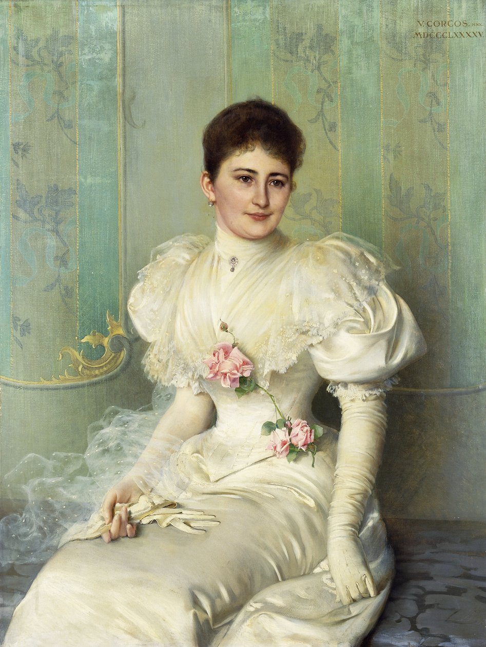 Retrato de una dama, sentada tres cuartos de longitud, con un vestido blanco de Vittorio Matteo Corcos
