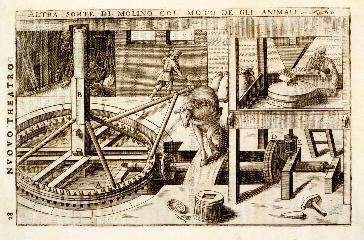 Máquina de molienda impulsada por caballos 1607 de Vittorio Zonca