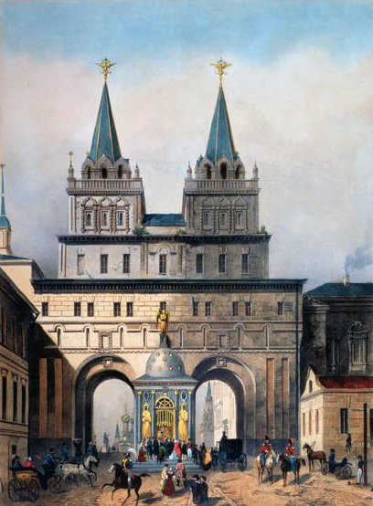 Las puertas ibéricas en el Kremlin de Moscú, grabado por A. Muller de Vivien after Vivien after