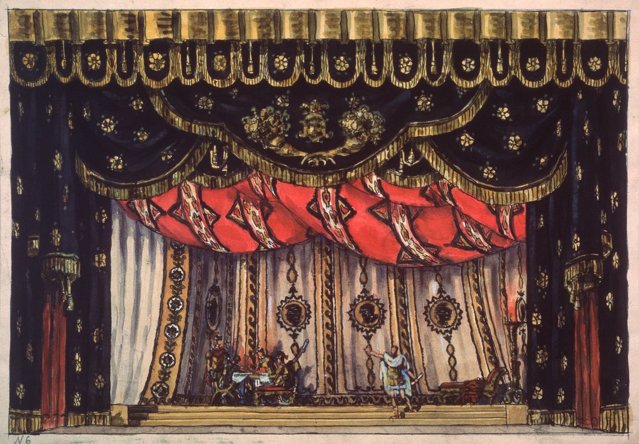 Decorado preparatorio para la obra de teatro "Le destructeur de Jerusalem" de Arvid Jarnefelt - Stage design for the play The Destroyer of Jerusalem by Arvid Jarnefelt (1861-1932) - Oeuvre de Vladimir Alexeyevich Shchuko (1878-1939), aquarelle, gouache et de Vladimir Alexeyevich Shchuko