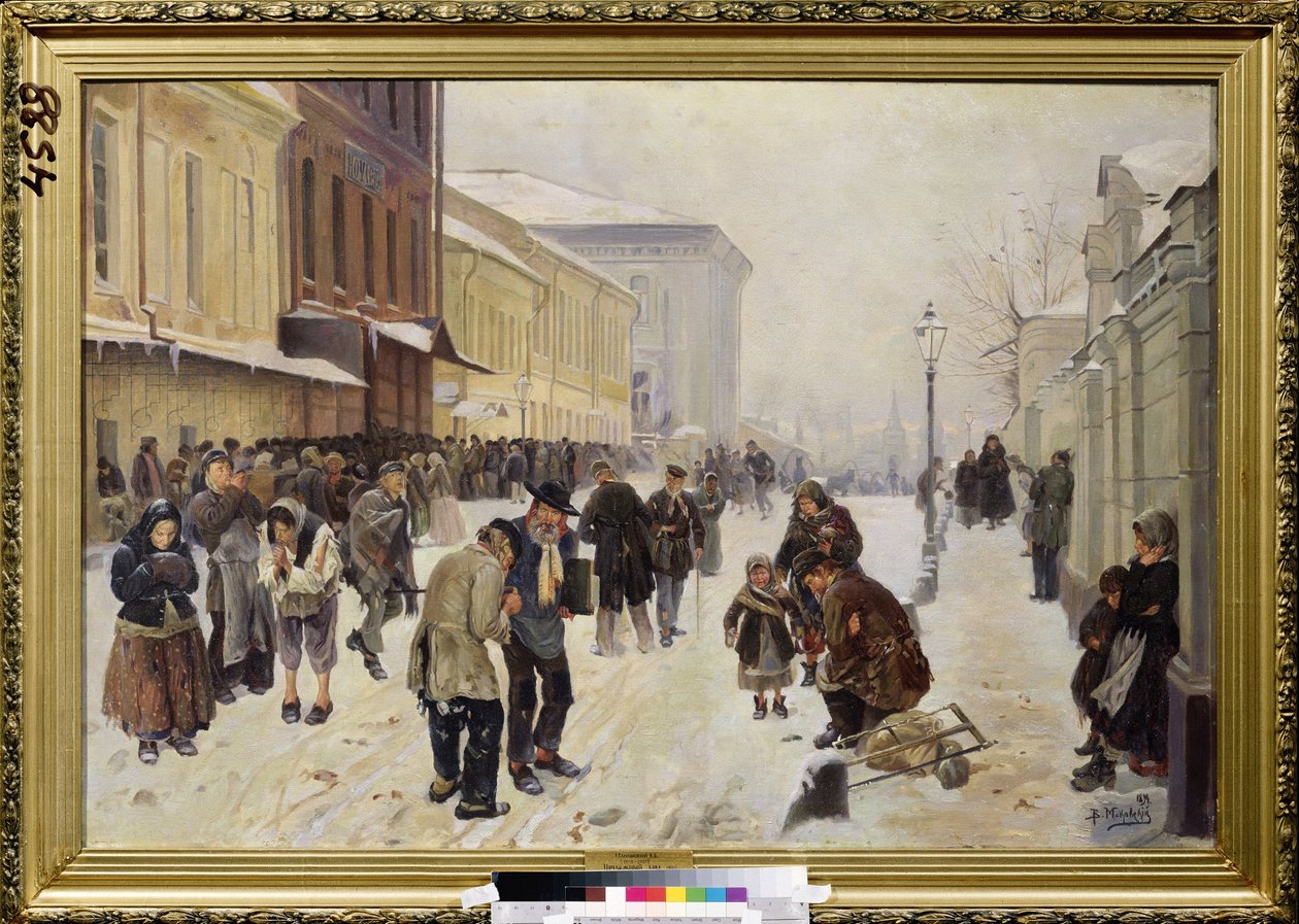 El Asilo Nocturno (Dosshouse). Escena callejera, una multitud de personas necesitadas y sin hogar se reúnen frente al edificio de recepción, sufriendo de frío y pobreza. Pintura de Vladimir Yegorovich Makovsky (Makovsky, Makovskij) (1846-1920), óleo sobre  de Vladimir Egorovic Makovsky
