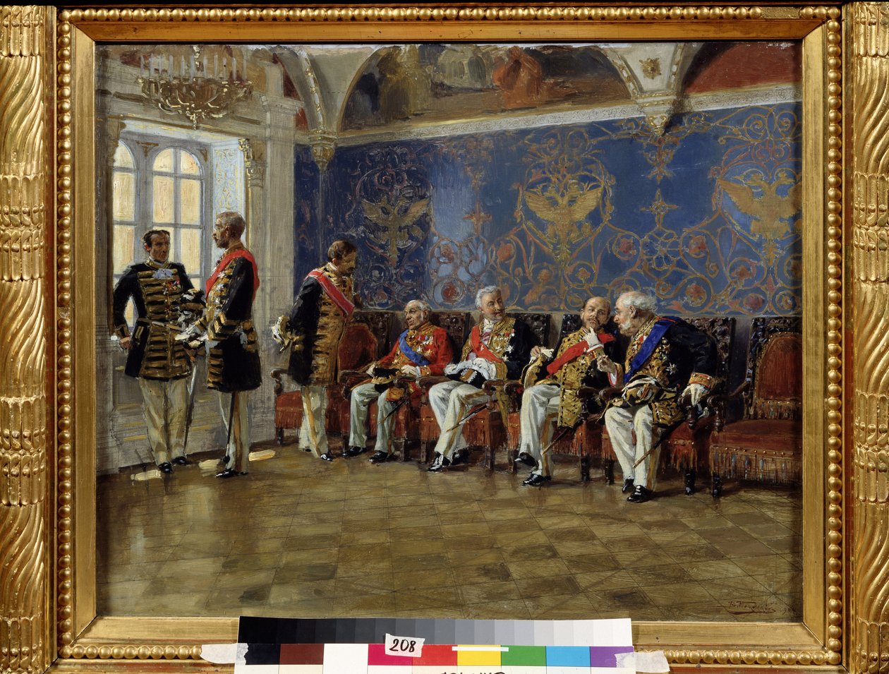 Esperando una audiencia. Sala de espera con personajes en traje oficial con todas las condecoraciones y atributos honoríficos de su nobleza y funciones que esperan y discuten antes de ser recibidos por el Zar. pei de Vladimir Egorovic Makovsky