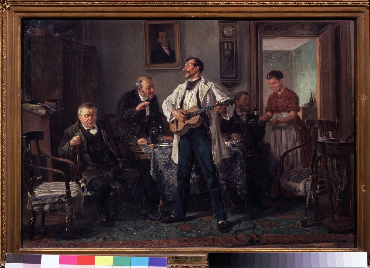 amigos. Reunidos alrededor de una mesa en una sala, escuchan a un guitarrista que canta mientras una mujer les trae una nueva botella de vino. Pintura de Vladimir Yegorovich Makovsky (Makovsky, Makovskij) (1846-1920), óleo sobre t de Vladimir Egorovic Makovsky