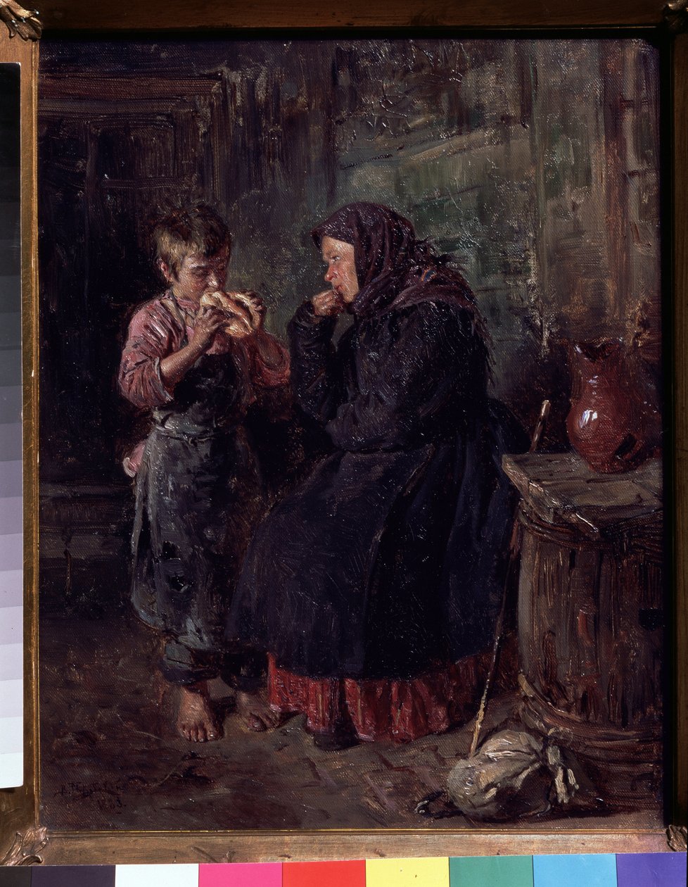 El reencuentro (La reunión). Una madre que ha venido a visitar a su hijo, bastón y mochila tirados en el suelo, todavía con el abrigo y el pañuelo en la cabeza y devora a su hijo con los ojos como si comiera una especie de brioche. el esta descalzo, de Vladimir Egorovic Makovsky