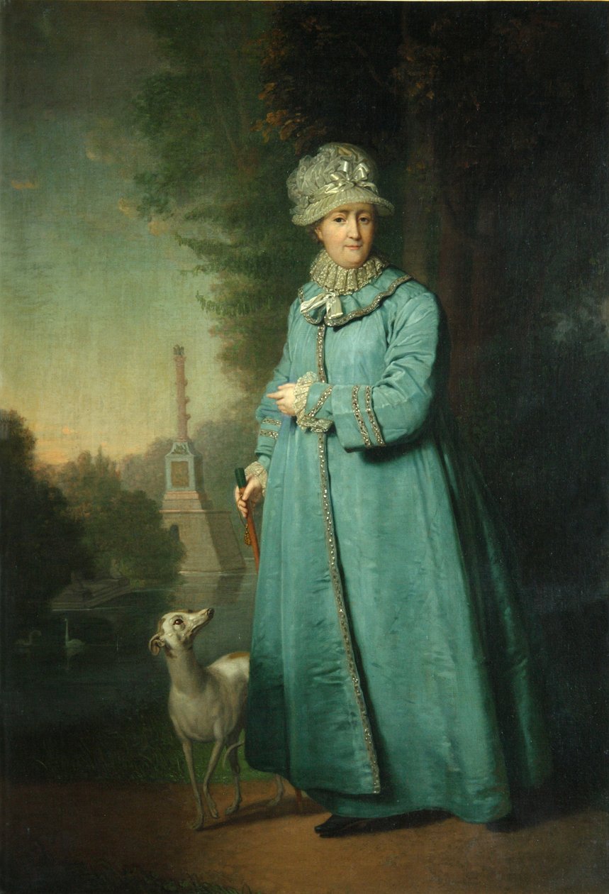 Catalina II paseando en el parque de Tsarskoye Selo con la Columna Chesme al fondo, 1794 de Vladimir Lukich Borovikovsky
