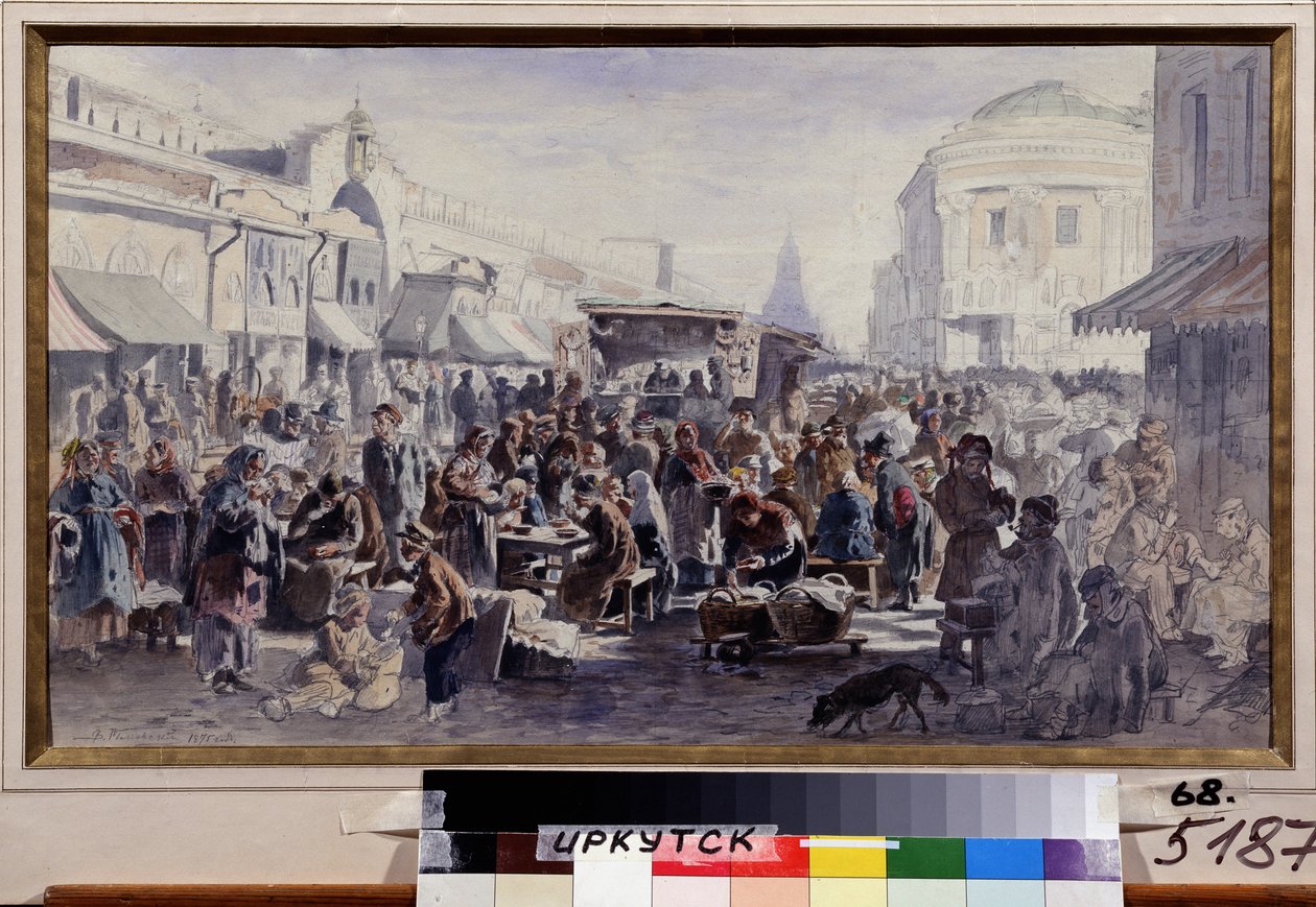 El mercado de segunda mano en Moscú (Rusia). Escena callejera, con gente que lleva ropas manchadas y remendadas, algunos comiendo frente a un puesto, otros mirando la mercancía que se ofrece, otros tomando el cuello. de Vladimir Yegorovich Makovski
