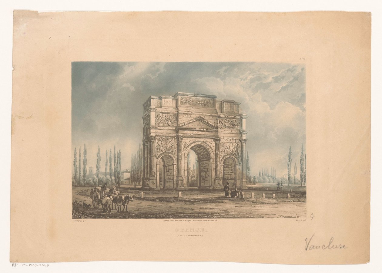 Paisaje que muestra el arco de triunfo de Orange con los viajeros
Naranja. (Arco del Triunfo) (título en el objeto) de Vogel (prentmaker)