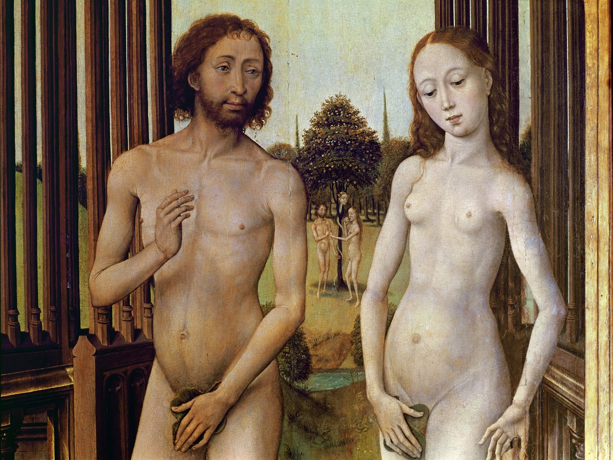Adán y Eva expulsados del Jardín del Edén después de ser tentados por la serpiente para comer la manzana, c.1460 (detalle) de Vrancke van der Stockt
