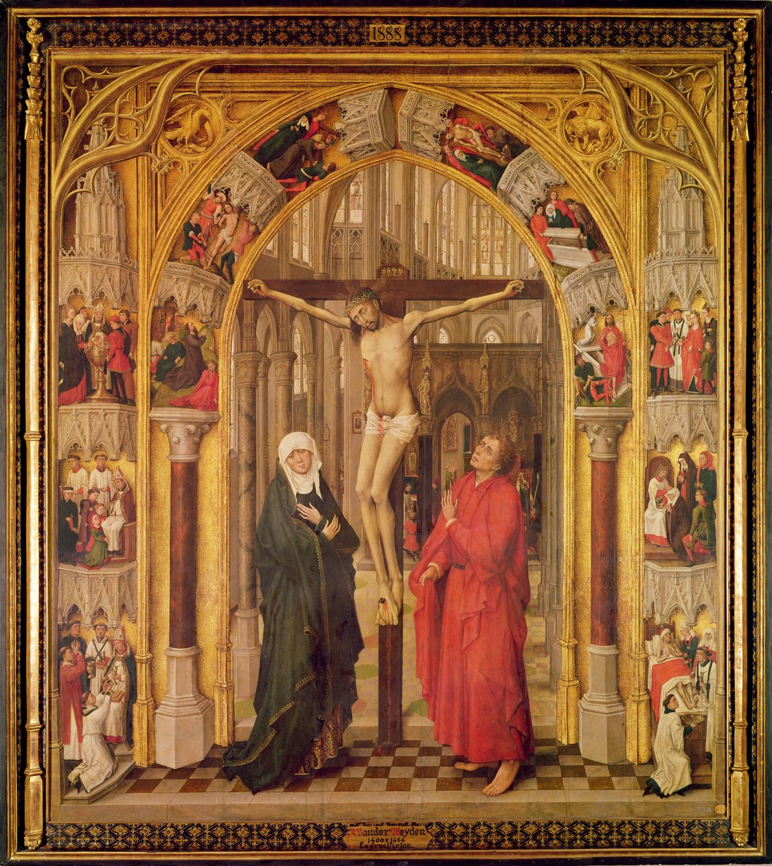 Cristo en la cruz, con la Virgen María y San Juan bajo un arco con tracería gótica que conduce a una iglesia, panel central del Tríptico de la Redención, c.1460 de Vrancke van der Stockt