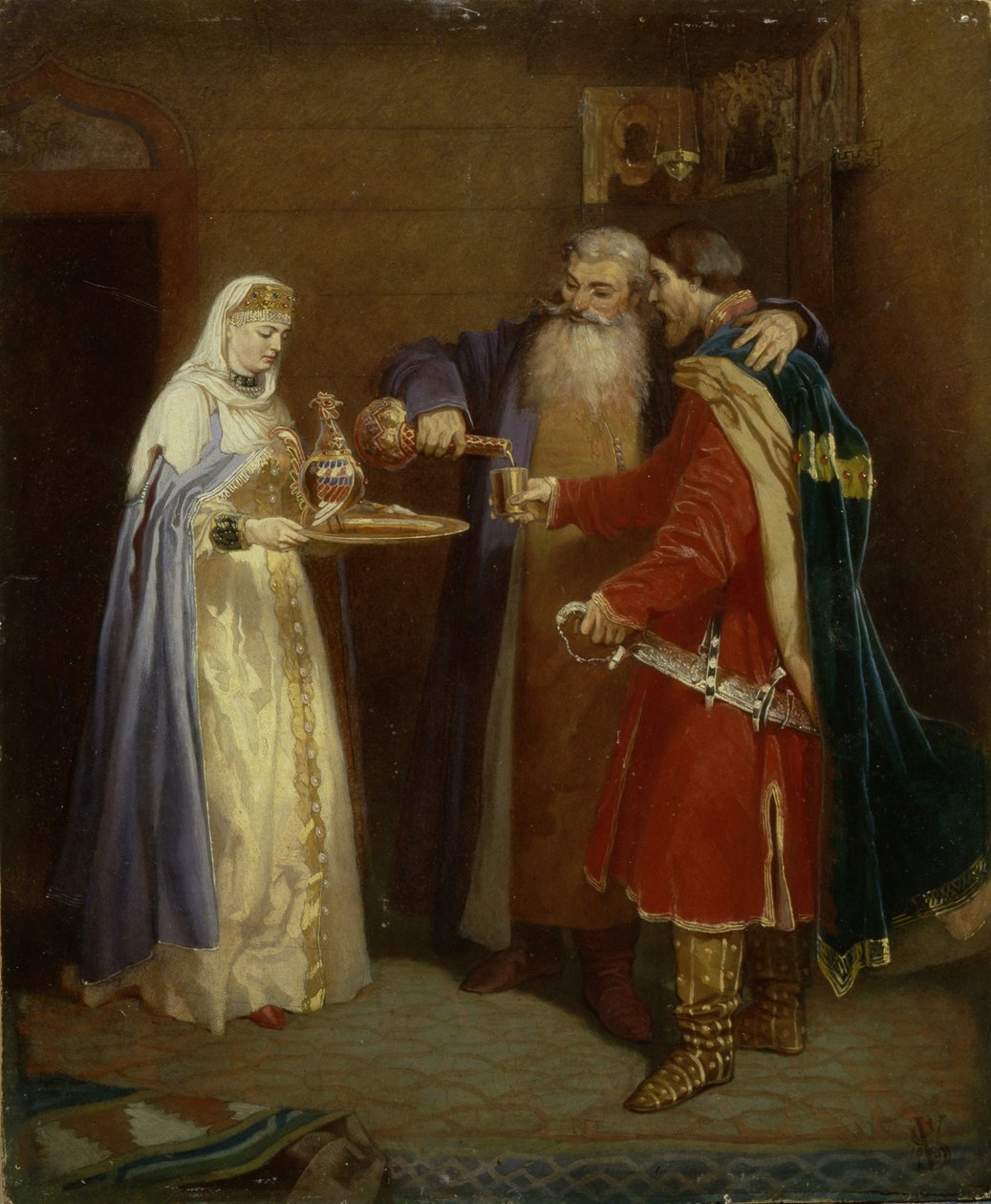 Bienvenida del boyardo al príncipe Serebrenni visitando al boyardo Morozov, 1865 de Vyacheslav Grigoryevich Schwarz