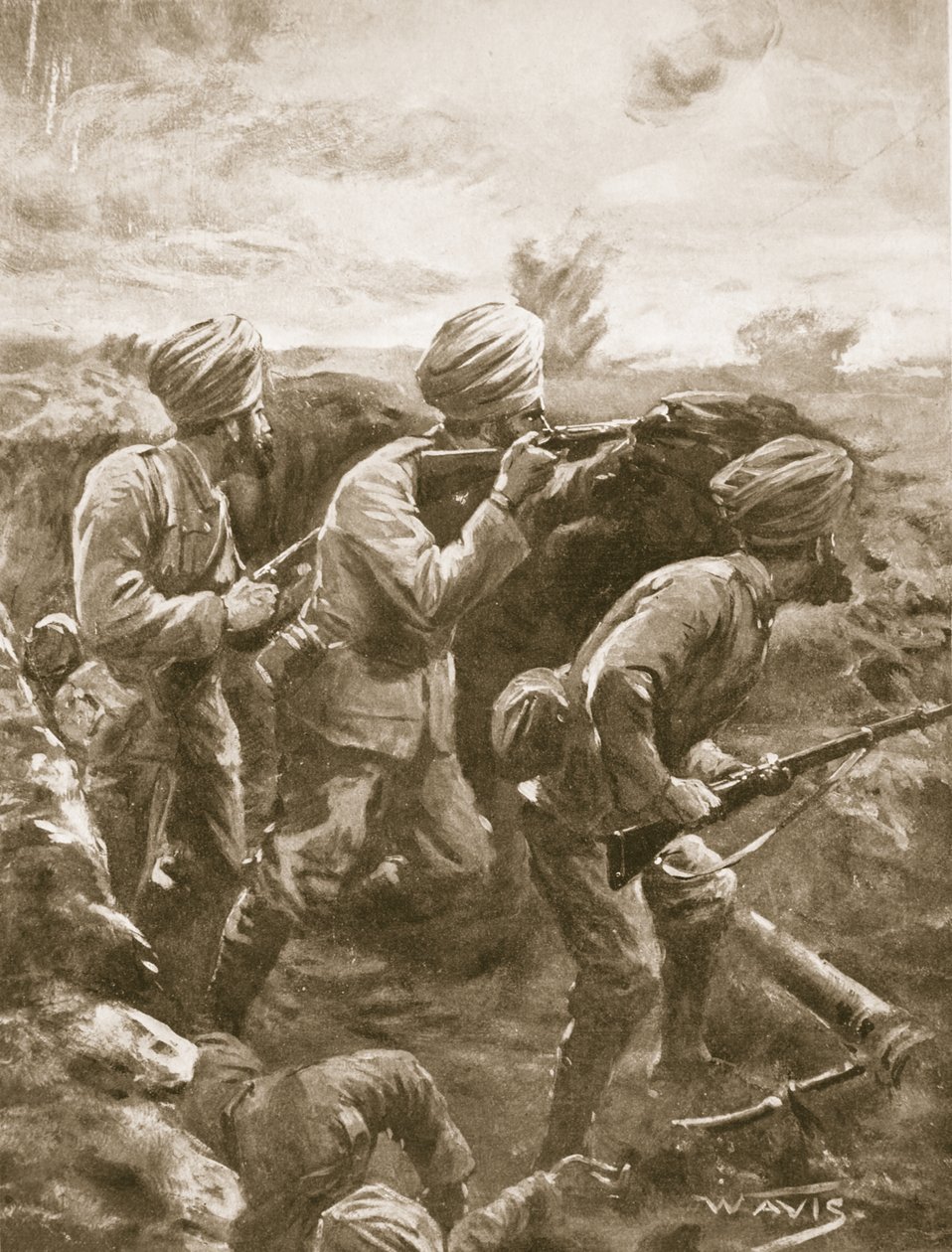 Naik Shahamad Khan, con otros dos, manteniendo su posición después de que su ametralladora fuera destruida por fuego de artillería de W. Avis