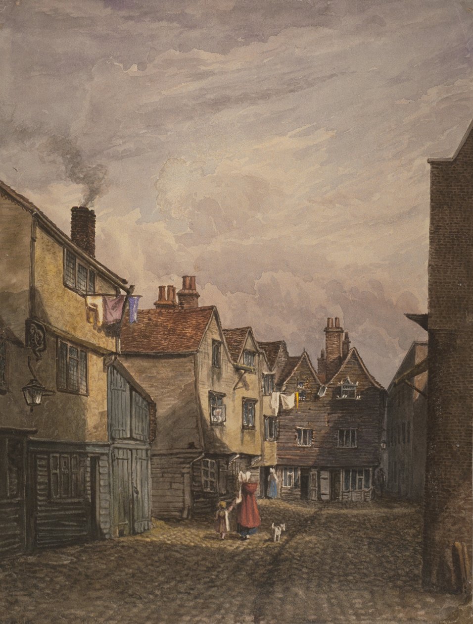 Vista de una mujer y un niño caminando por Crown Court, Bermondsey, c.1825 de W. Barker