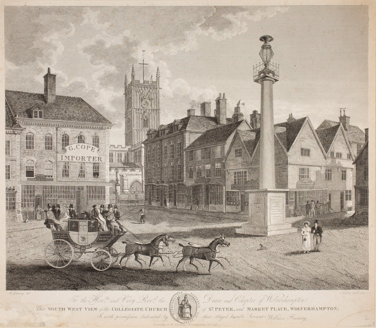 Vista suroeste de la iglesia colegiada de San Pedro y la plaza del mercado, Wolverhampton, 1824 de W. Fleeming