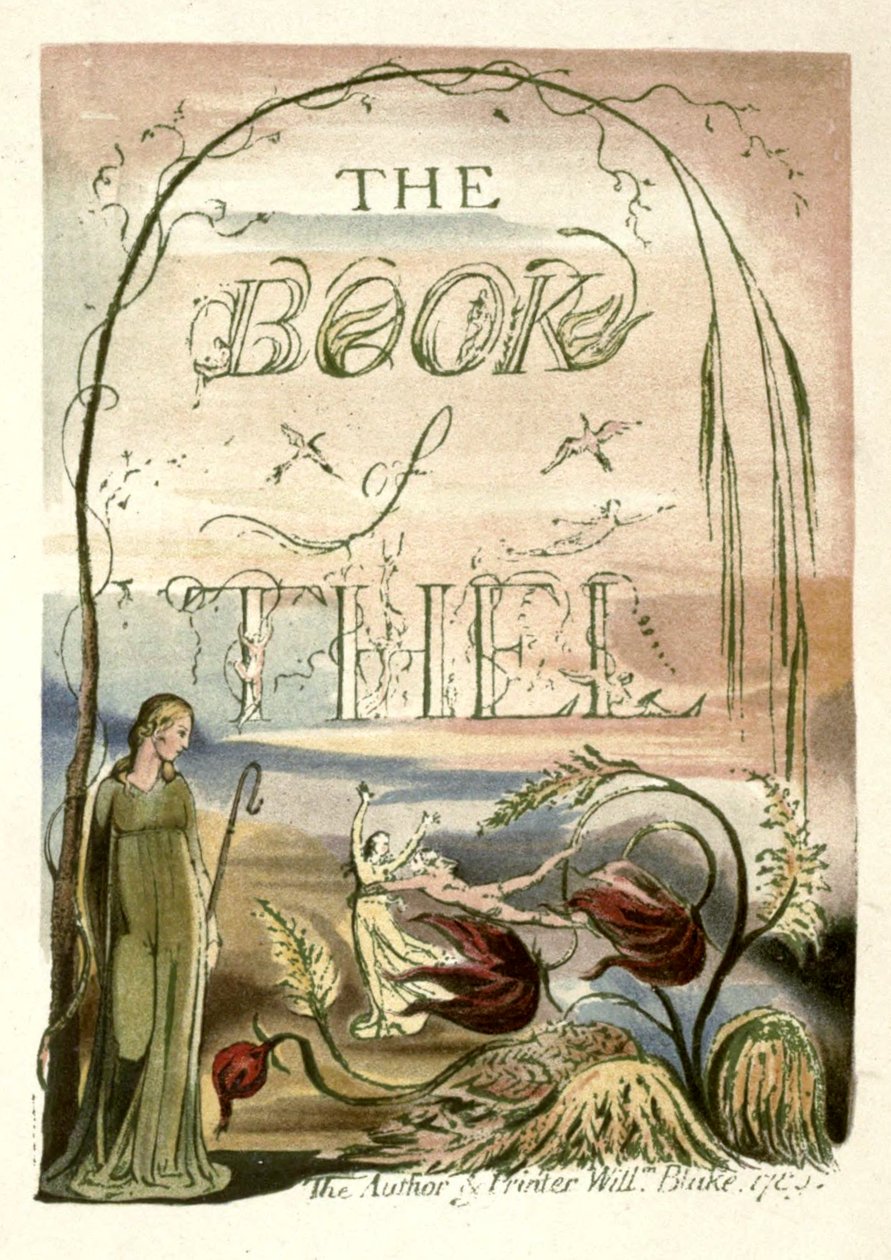 Ilustraciones extraídas de la página frente a la 33 de William Blake, pintor y poeta por Richard Garnett. Identificado como El Libro de Thel, página del título. En facsímil por W. Griggs. de W. Griggs after William Blake