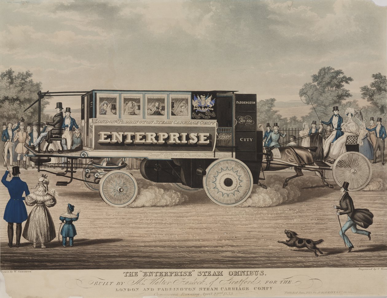 El ómnibus de vapor Enterprise, construido por el Sr. Walter Hancock de Stratford para la London and Paddington Steam Carriage Company (grabado por C. Hunt) de W. Summers