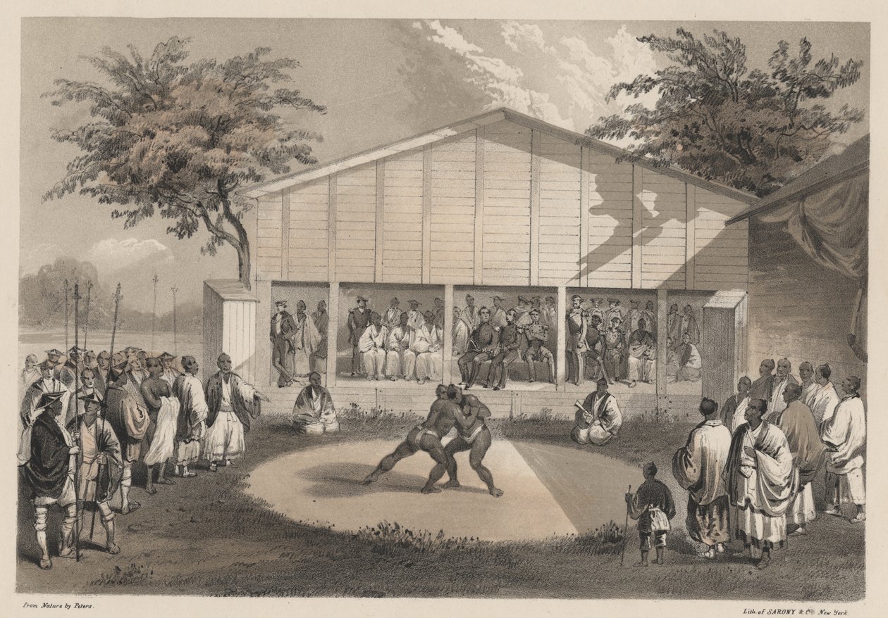 Luchadores en Yokohama, litografía de Sarony und Co., 1855 de W. T. Peters