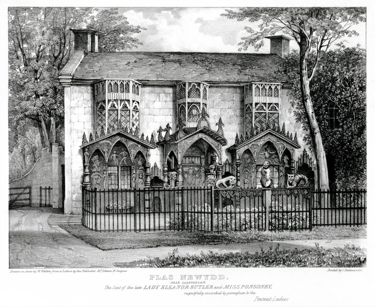 Plas Newydd, cerca de Llangollen, asiento de la difunta Lady Eleanor Butler (c.1745-1829) y la señorita Sarah Ponsonby (d.1831), impreso por Charles Joseph Hullmandel (1789-1850) de W. after Walton