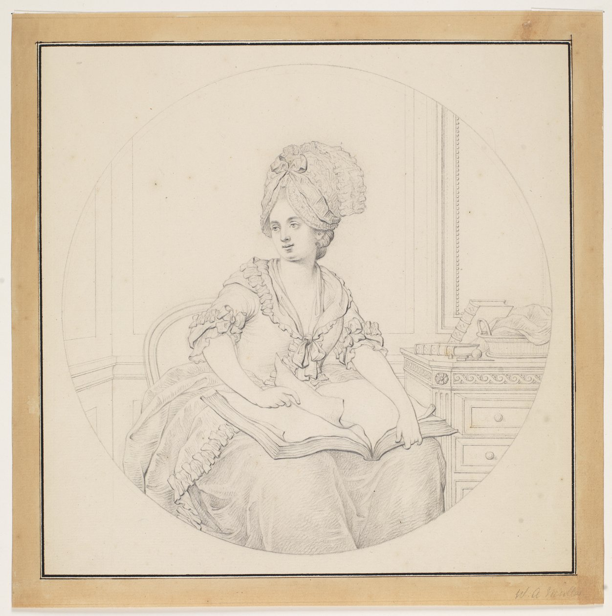 Dama joven, hojeando un folio que yace en su regazo de W.A. Müller